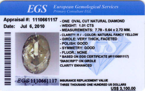 EGS certified 1.01ct ( i1 )  Natural Oval cut Fancy Yellow Diamond