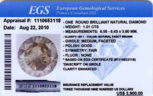 EGS certified 1.01ct  ( Si1)  Fancy Brown - Round Natural Diamond