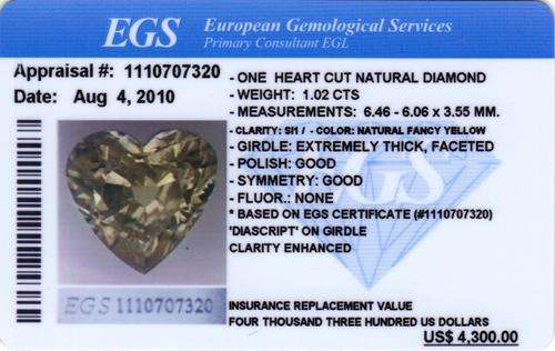 EGS certified 1.02ct - Si1 - Fancy Yellow Heart Diamond