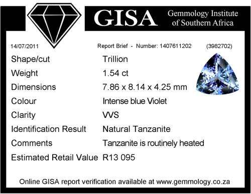 G I S A certified 1.54ct - VVS - Trillion shaped intense blue Tanzanite