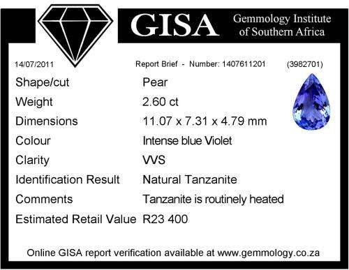 G I S A certified - 2.60ct - VVS - Intense blue violet - Pear shaped Tanzanite