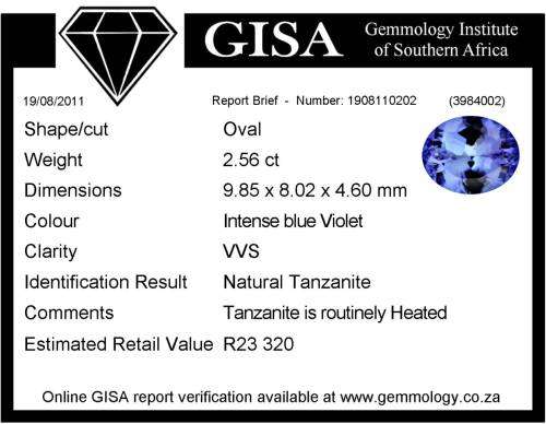 G I S A certified VVS - 2.56ct Oval - Intense Blue Violet Tanzanite