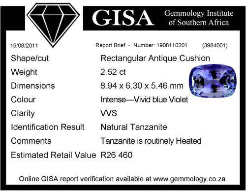 G I S A certified - 2.52ct VVS - Rectangular Antique Cushion Shape - Intense Vivid Blue  Tanzanite