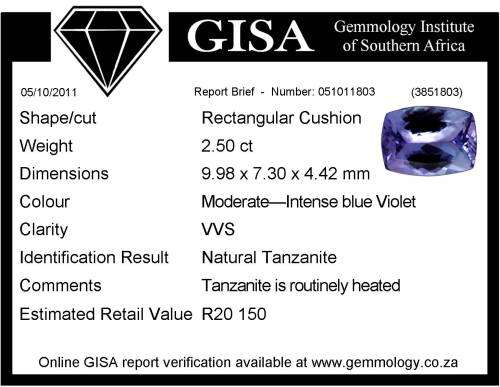 G I S A Certified 2.50ct  VVS  - Rectangular cushion - Moderate -intense blue violet Tanzanite