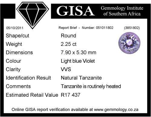 G I S A Certified 2.25ct  VVS - Round -  Light Blue Violet Tanzanite