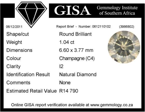 GISA Certified   Round Champagne(C4)  I2 Natural Diamond
