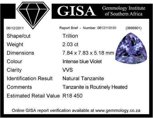 GISA Certified 2.03 ct - VVS Trillion Intense blue violet Tanzanite