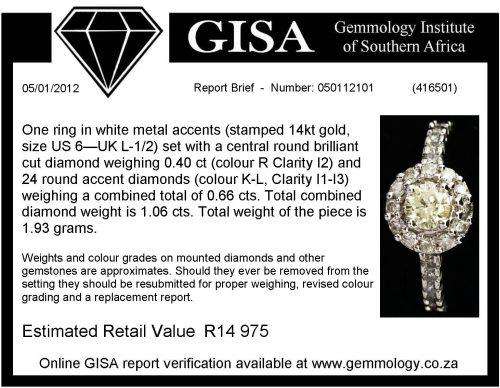 GISA  Certified Engagement Ring  1.06(tcw) see certificate - i1 - i3