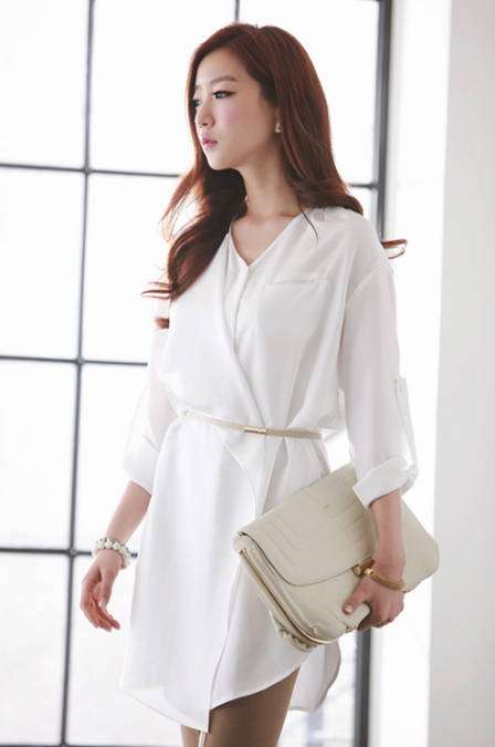 Loose chiffon long shirt (with belt) 197209 Beige OneSize