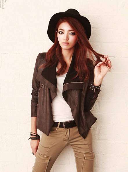 Faux leather velvet zipper locomotive lapel jacket SZ123148 Brown S/M