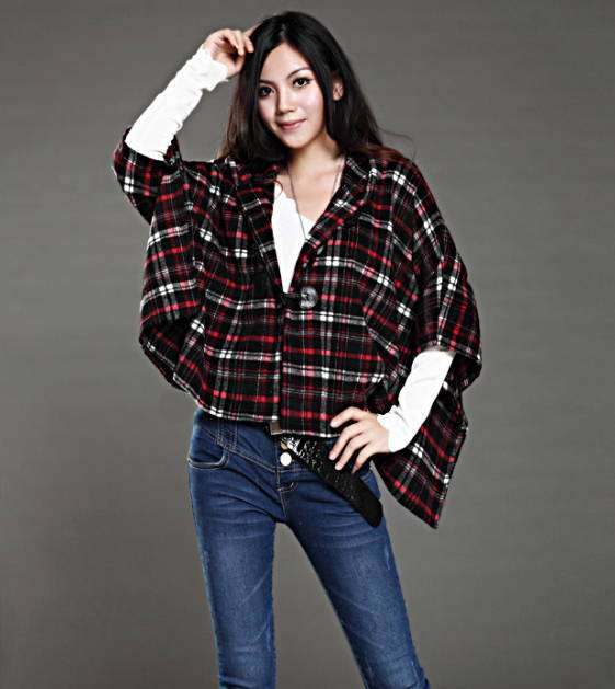 Bat sleeve Plaid cape woolen Short Jacket W60384 OneSize