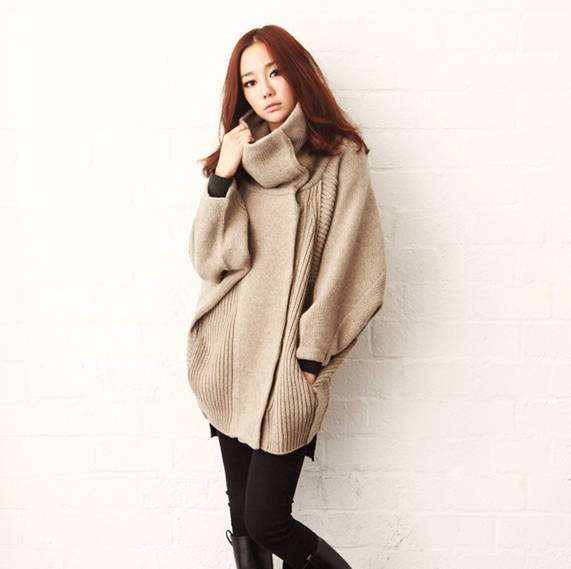 Stand-up collar loose wool knit cardigan SZ857 Beige OneSize