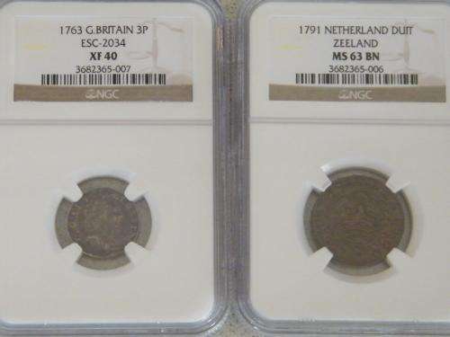 2 x 1763 GB & 1791  Netherland MS63BN Very old & Graded by NGC