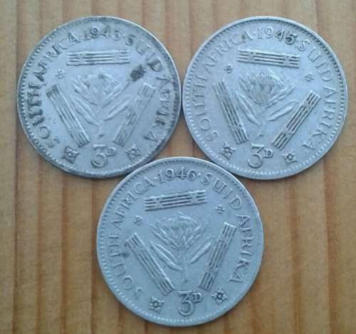 Lot of 3 1940's threepence coins @ R1 start