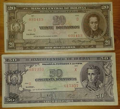 1945 Bolivia 20 & 50 Bolivianos note set