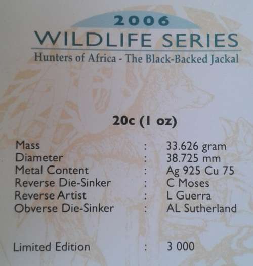 2006 S.A Wildlife Series proof 1oz silver 20c (Black-Backed Jackal)