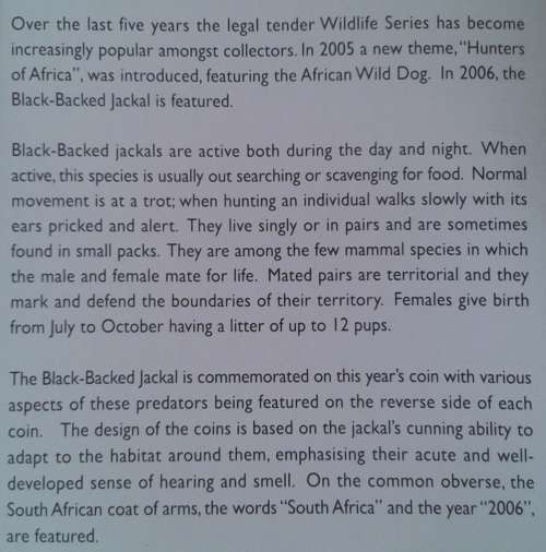 2006 S.A Wildlife Series proof 1oz silver 20c (Black-Backed Jackal)