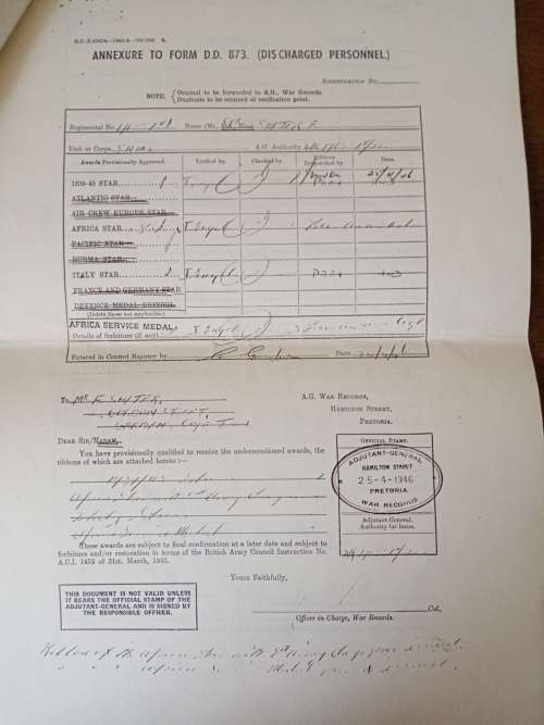 WW2 Italy star to F.Salter with paperwork