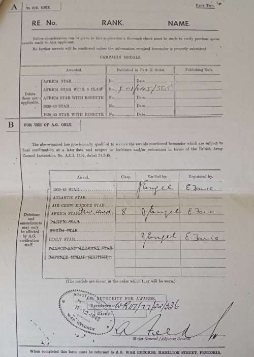 WW2 Italy star to F.Salter with paperwork