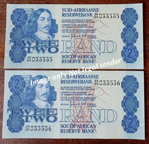 Set of x2 uncirculated 1981 crisp R2 notes in sequence (CV R225 per note)