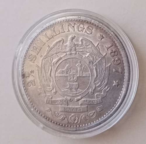 Encapsulated 1897 ZAR Kruger silver 2 1/2 Shillings in XF