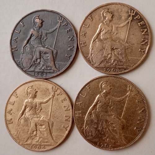 Lot of x4 British 1/2 pennies in sequence (1902-1905)
