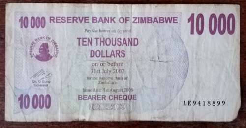 Well used 2007 Zimbabwe $10000 bearer cheque