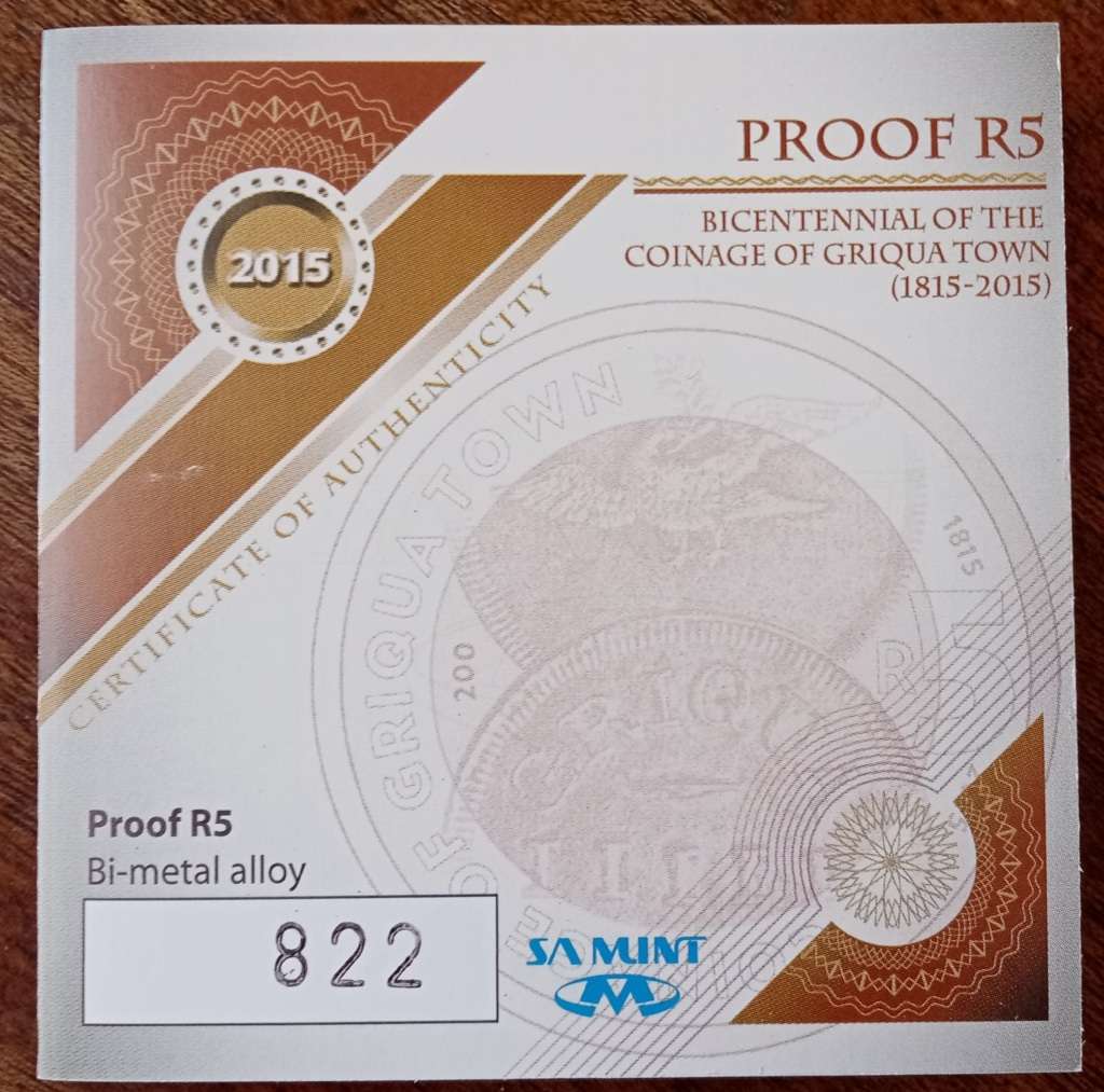 2015 Griqua proof R5 box with certificate and magnifier