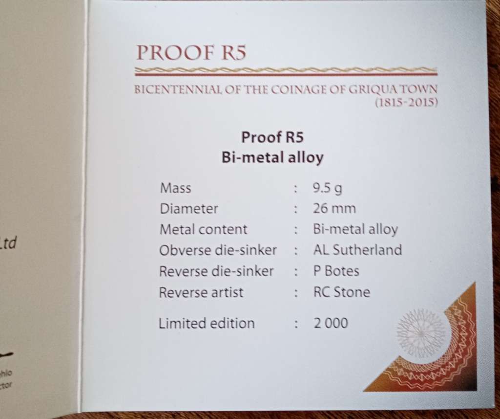 2015 Griqua proof R5 box with certificate and magnifier