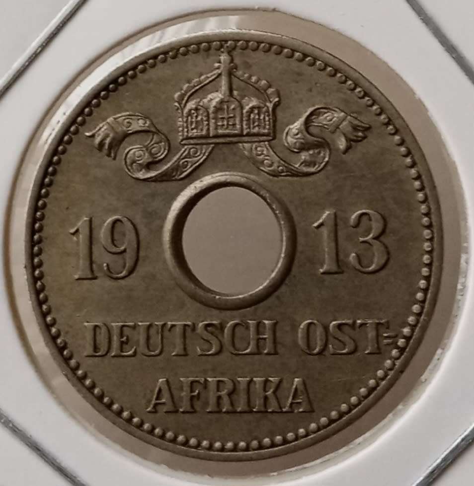 High grade 1913 J German East Africa 5 Heller in AU