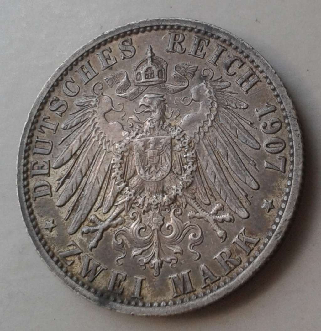 1907 German States Prussia silver 2 Mark in XF+