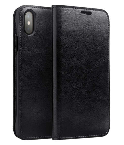 Black genuine cowhide leather Qialino flip case for Iphone X