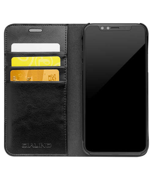 Black genuine cowhide leather Qialino flip case for Iphone X