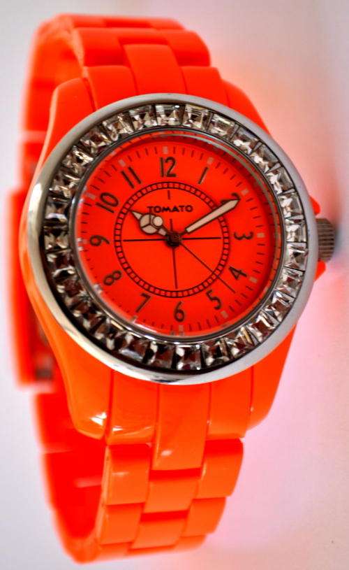 *Brand New* Tomato Ladies Bright Orange Plastic Watch with Crystal Bezel and Hot Pink Dial T554113