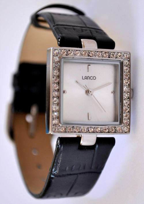 *Brand New* Lanco Ladies Black Leather Strap and White Dial with Crystal Bezel and Silver Accents