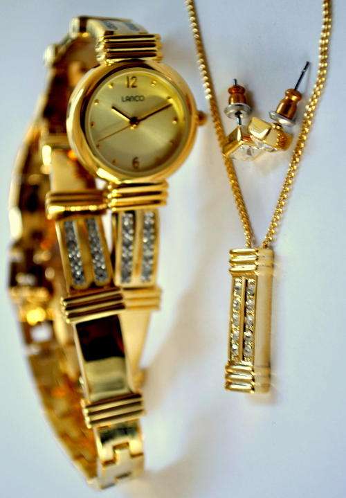 Lanco Ladies Round Gold Watch with Crystal Encrusted Strap, Matching Earrings, Necklace & Bracelet