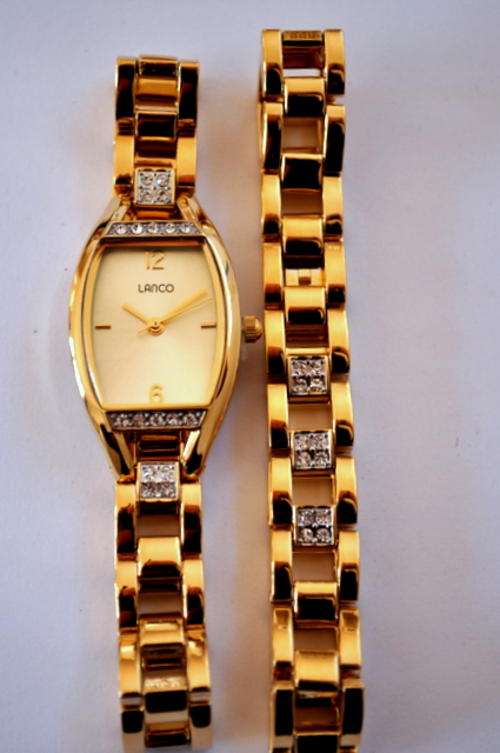 Lanco Ladies Rectangle Gold Watch with Crystal Encrusted Strap Matching Bracelet 1628493S