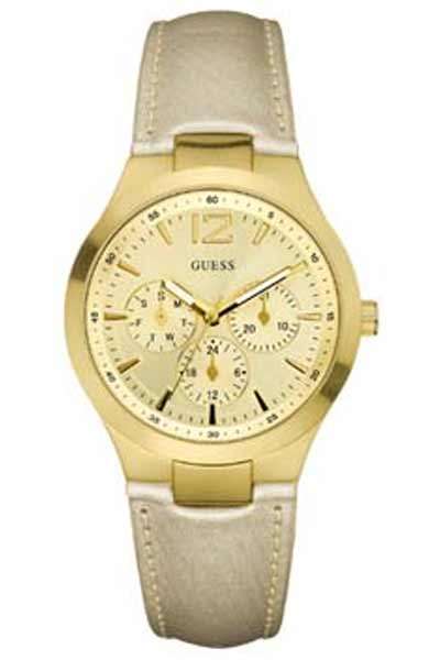 GUESS Women's W10250L1 Round Champagne Dial with Day,Month & Hour Windows,Cloth Gold Strap