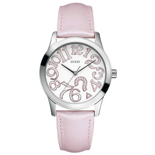 *Brand New*GUESS Women's W65011L1 Round Baby Pink Leather Strap and White Dial with Pink Markers