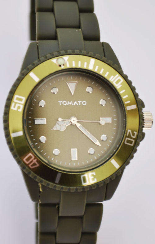 BRAND NEW TOMATO LADIES ARMY GREEN  WATCH ,WHITE ACCENTS AND GLOW IN THE DARK MARKERS T564118