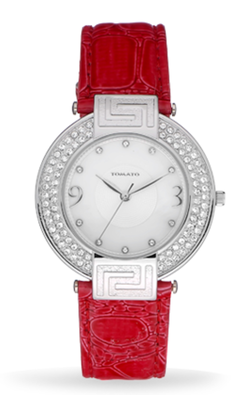 BRAND NEW TOMATO LADIES Enchated Stainless Steel Round Red Watch with Crystal Bezel