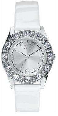 BRAND NEW LADIES GUESS  Stainless Steel White Leather Strap SWAROVSKI CRYSTAL **STUNNING MODEL**