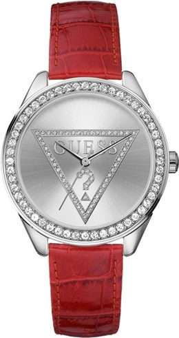 BRAND NEW GUESS Ladies  Mini Triangle 25th Anniversary Women's Watch, Red leather **STUNNING MODEL**