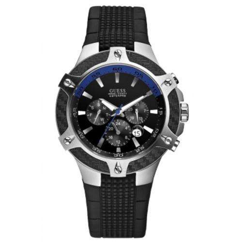 BRAND NEW Guess Gents 'Grille' black rubber chronograph watch with black & blue multi-function dial