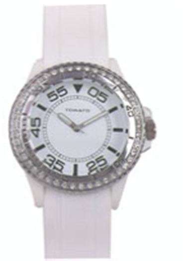 BRAND NEW TOMATO LADIES WATCH ROUND DIAL WITH STONES,STAINLESS STEEL WHITE RUBBER STRAP T539093