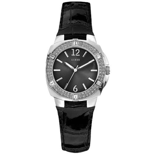 BRAND NEW Ladies GUESS MINI TANGO Black Leather strap Stainless Steel Diamantes Guess Logo W10214L1