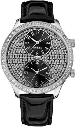 BRAND NEW Guess Ladies Trend Sport Steel Black Patent Leather Stone set Dial watch *Two Time Zones*