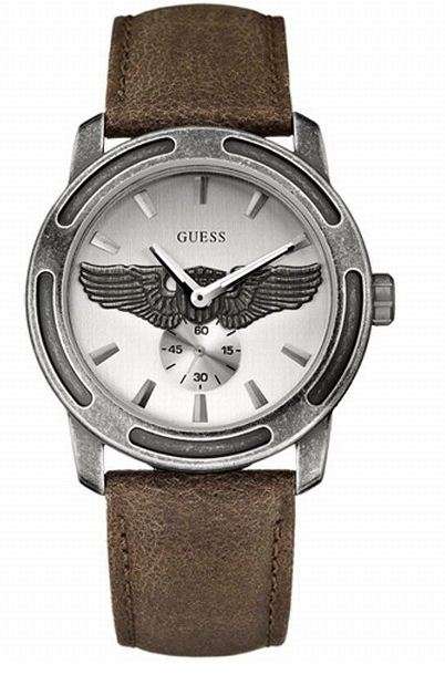 BRAND NEW GUESS Men's Watch Guess Trend Dark Brown Leather Strap Eagle emblem Silver Dial W10217G2