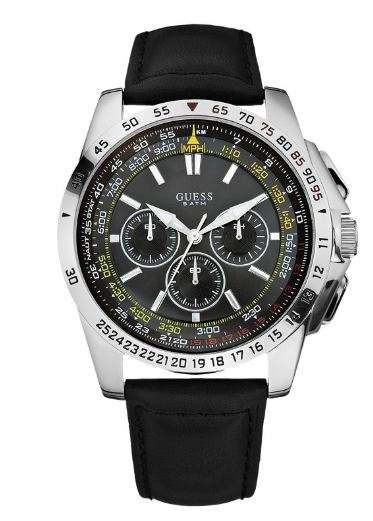 BRAND NEW GUESS MPH Mens Watch W16559G1 polished silver case Black Leather strap
