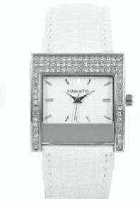 BRAND NEW TOMATO COLLECTION LADIES STAINELESS STEEL SQUARE WHITE STRAP SILVER DIAL WITH STONES